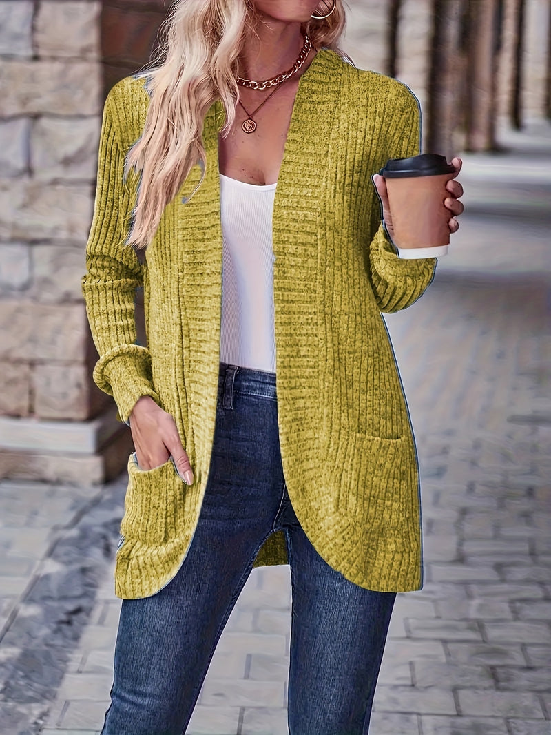 Long Sleeve Elegant Solid Color Open Front Cardigan with Pockets - Versatile, Mid-Elasticity, Machine Washable - Perfect for Spring and Fall, Womens Clothing