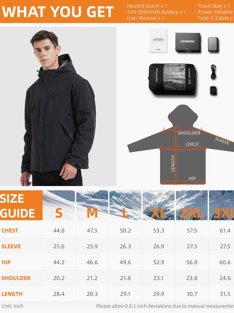 Men's Heated Jacket Soft Shell, Warm Electric Heating Coat Winter with Detachable Hood and Battery Pack 7.4V