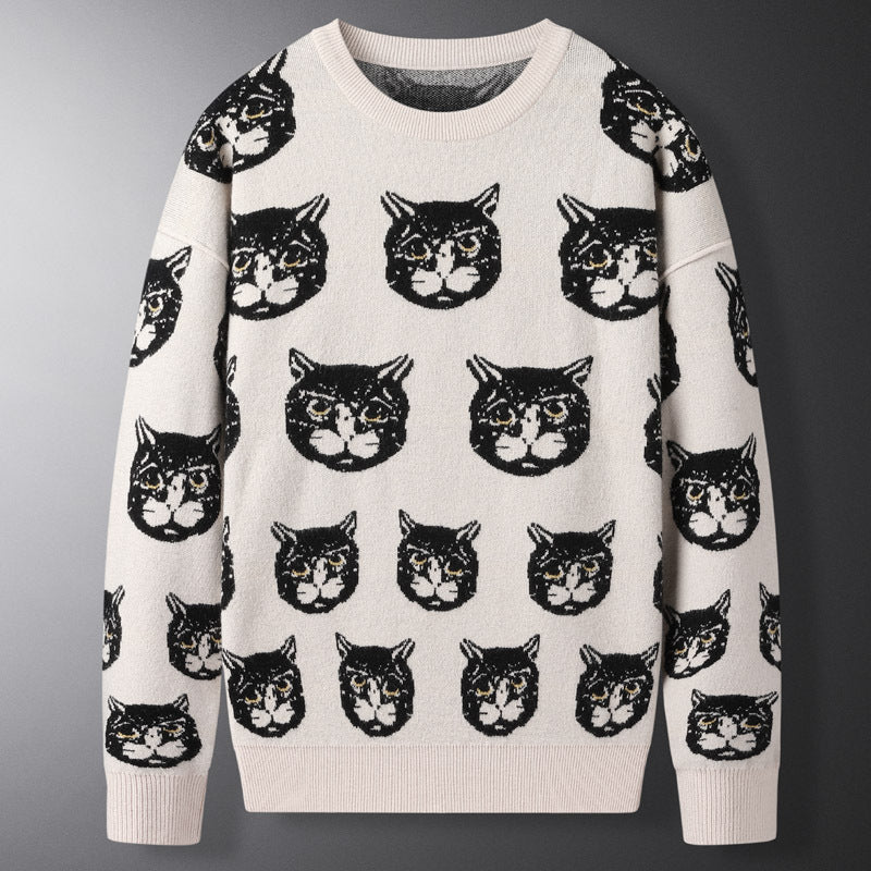 Men's Printed Sweater Fashionable Cat Autumn And Winter Personalized Casual Slim Sweater