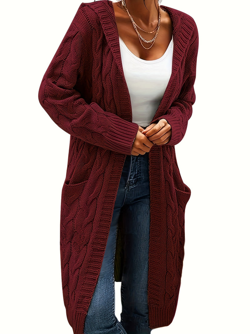 Chic Solid Cable Knit Hooded Cardigan - Cozy Long Sleeve with Practical Pockets, Mid-Length Womens Sweater for Casual Style