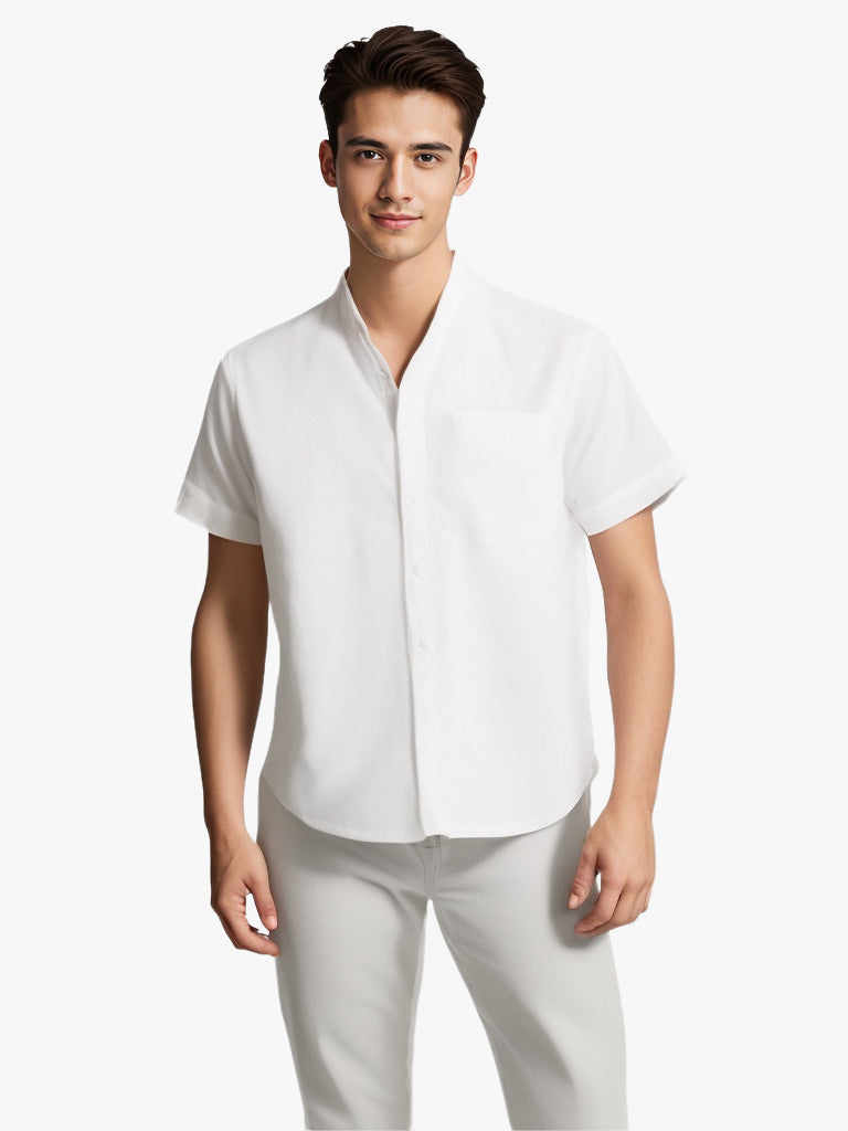 Solid-color Short-sleeved Lapel Shirt Summer Breathable Cotton And Linen Top Mens Clothing