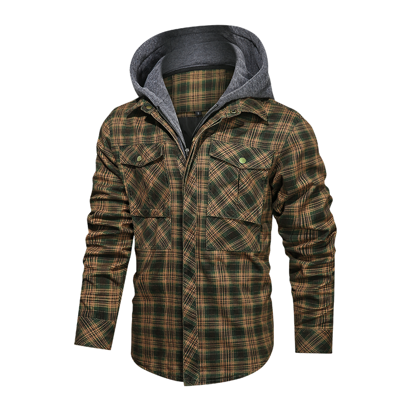 Men Long-sleeved Plaid Jacket Regular Fit Fleece Detachable Hoodies Jackets