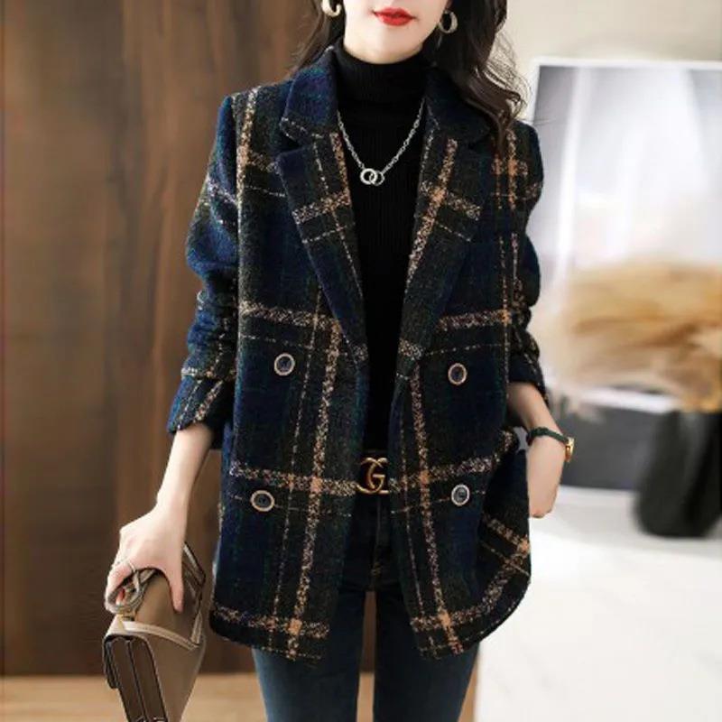 Coat Fashion Slimming Retro Plaid Patchwork Wool Female Suit