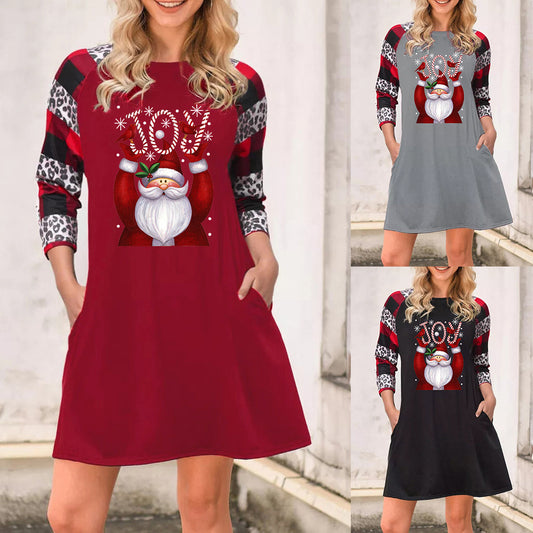 Robe à la mode pour femmes, col rond, imprimé de lettres du père noël