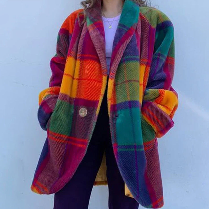 Rainbow Color Plaid Lapel Jacket With Pockets Fashion Button Coat For Women Clothing