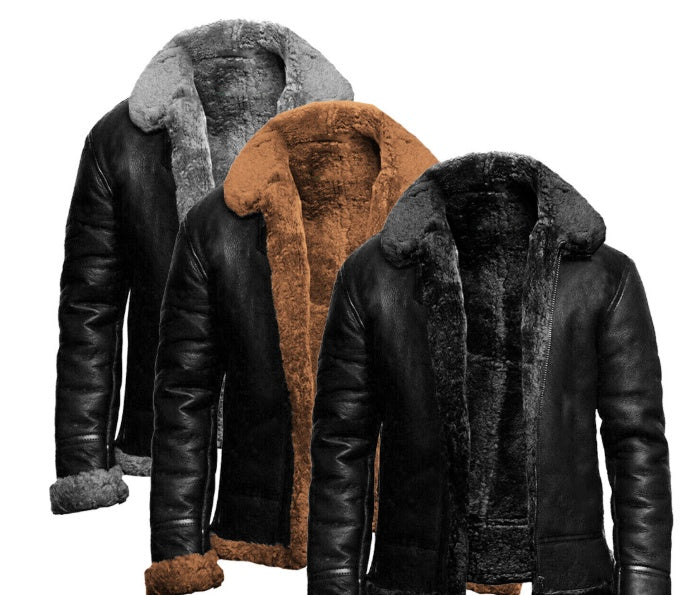 Men's Leather-fur One-piece Lapel Winter Cold-proof  Leather Jacke