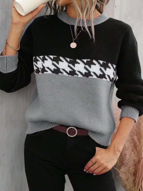 Contrast Color Pullover Round Neck Knitted Sweater