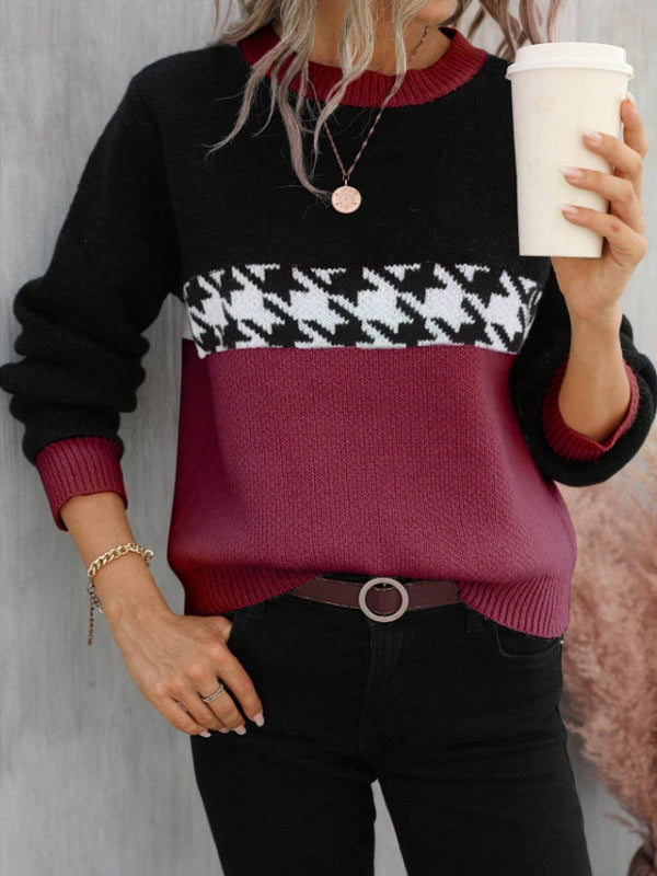 Contrast Color Pullover Round Neck Knitted Sweater