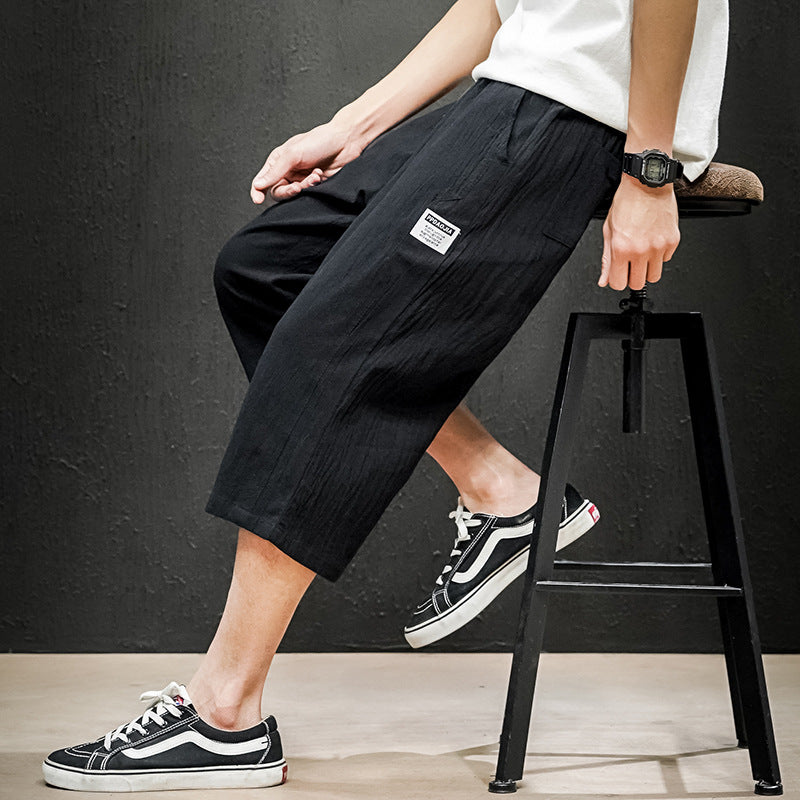 Japanese plus size men's black wall linen shorts