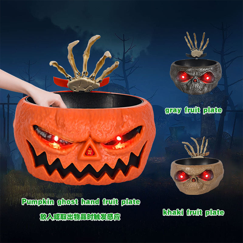 Halloween Candy Bowl Plastic Pumpkin Bowl With Motion Activated Hand, Halloween Serving Dishes