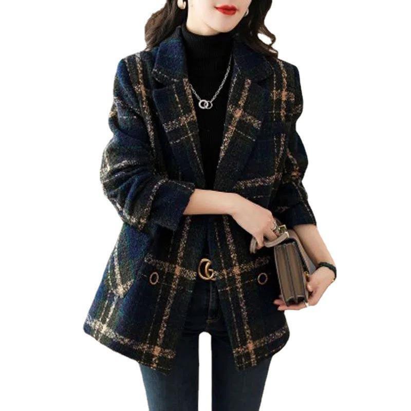 Coat Fashion Slimming Retro Plaid Patchwork Wool Female Suit