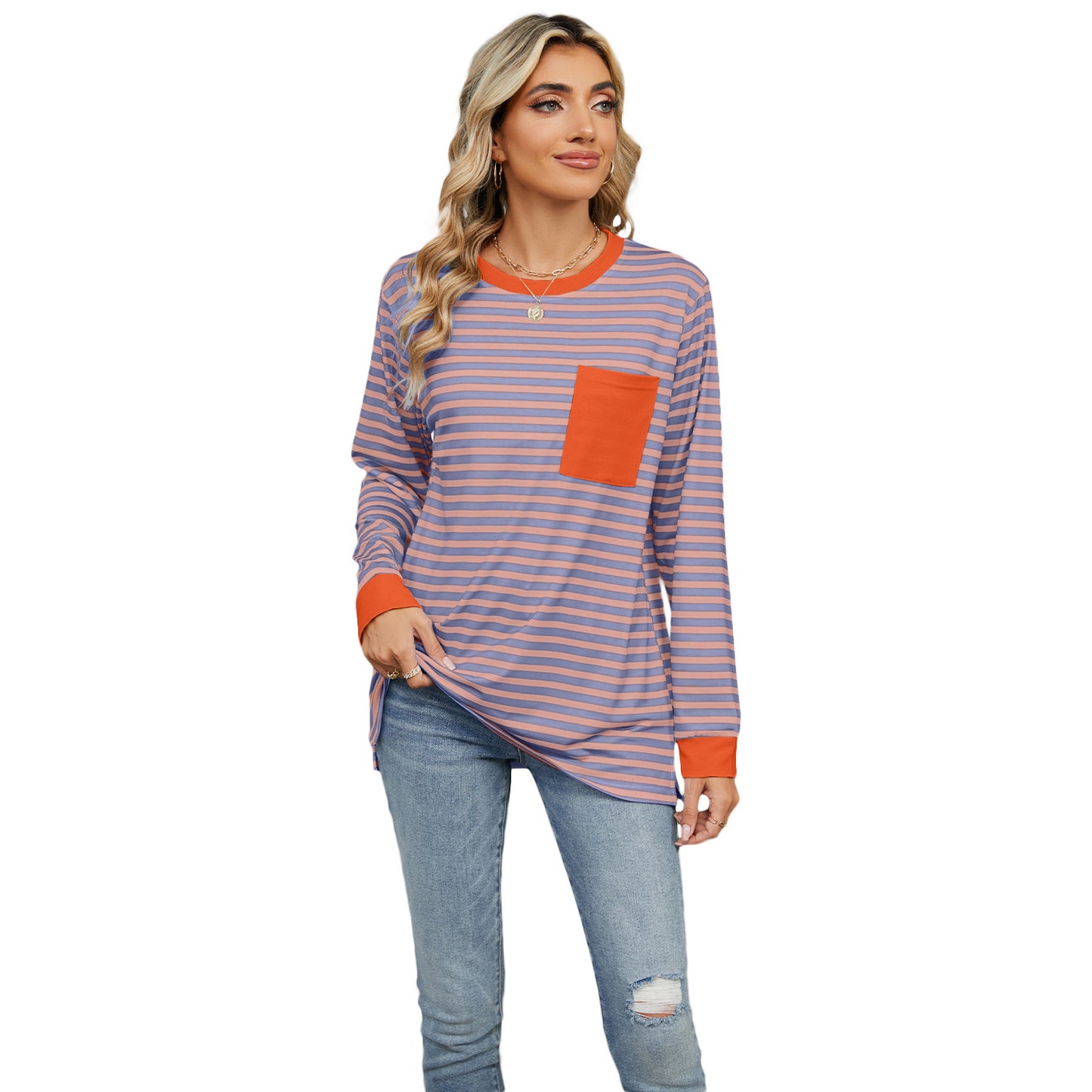 Women's Round Neck Pocket Split Upper Clothes Long Sleeves T-shirt