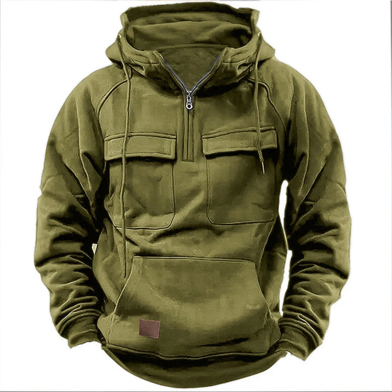 Men's Hooded Solid Color Multi-pocket Leather Sweater Jacket