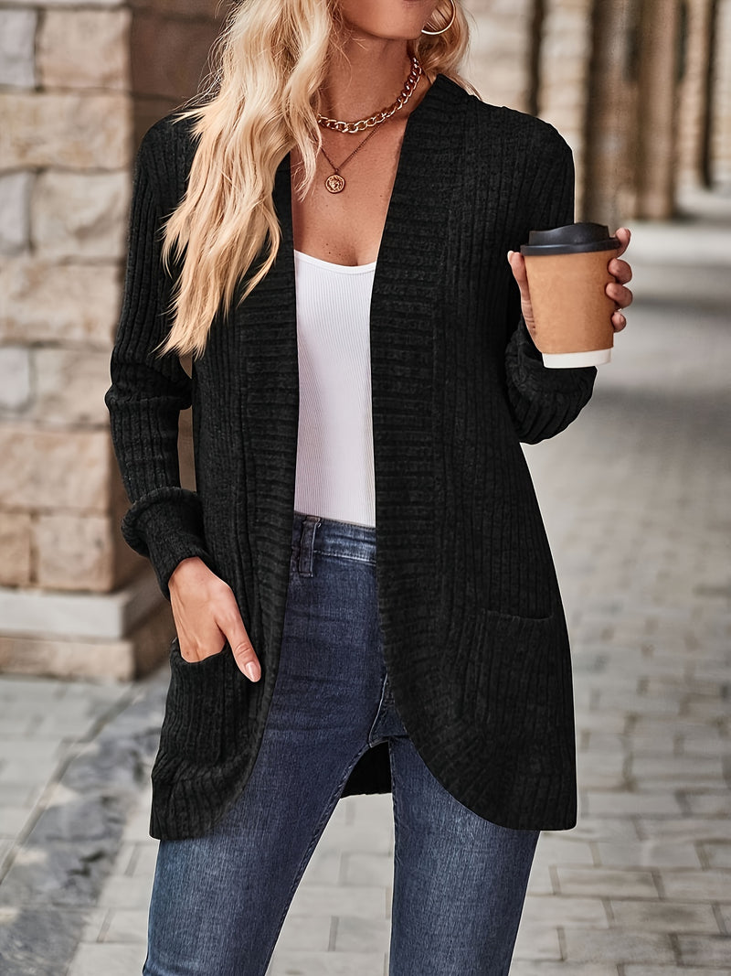 Long Sleeve Elegant Solid Color Open Front Cardigan with Pockets - Versatile, Mid-Elasticity, Machine Washable - Perfect for Spring and Fall, Womens Clothing