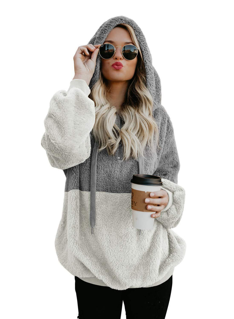 Women Casual Plush Hoodies Zipper Patchwork Hooded Drawstring Sweatshirt Autumn Winter Lady Hooded Warm Loose Tops