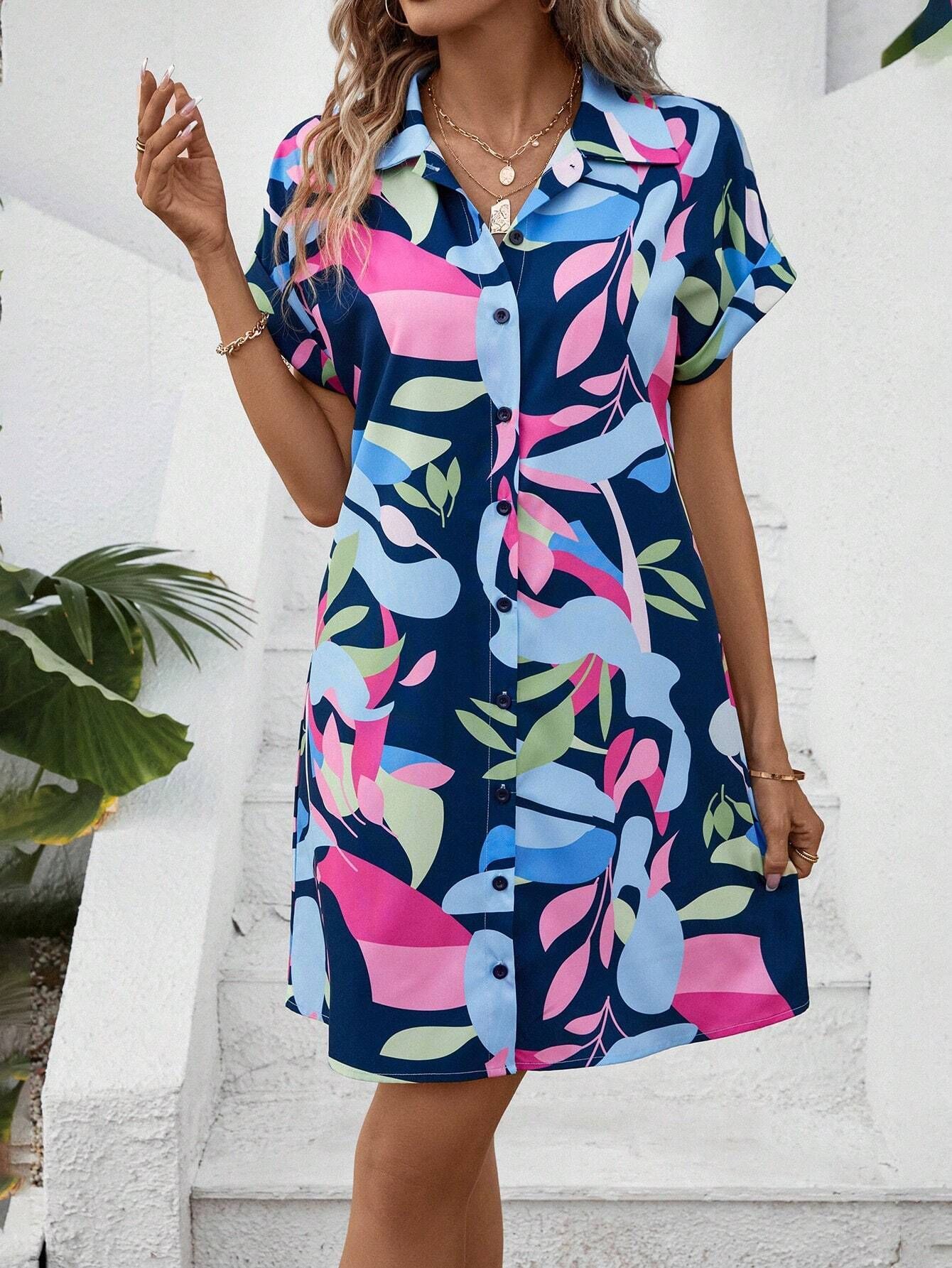 New Floral Print Short Sleeve Shirt Dress Summer Fashion Lapel Loose A-line Dresses For Womens Clothing