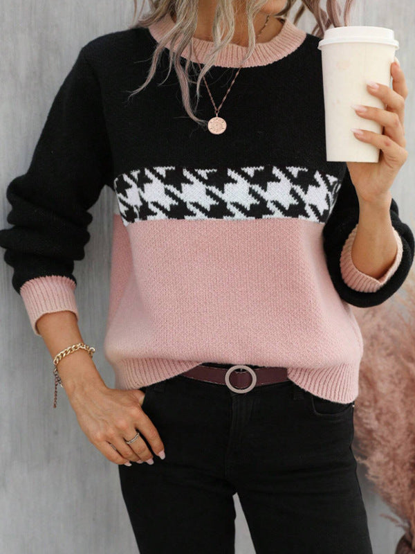 Contrast Color Pullover Round Neck Knitted Sweater