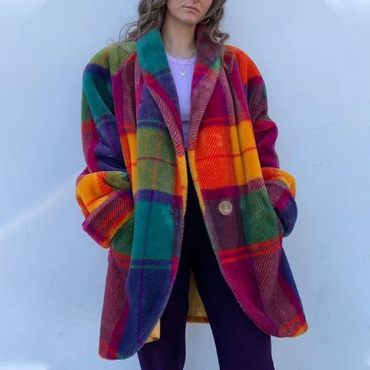 Rainbow Color Plaid Lapel Jacket With Pockets Fashion Button Coat For Women Clothing