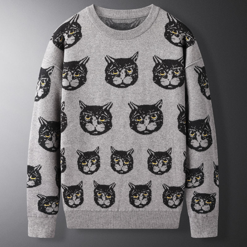 Men's Printed Sweater Fashionable Cat Autumn And Winter Personalized Casual Slim Sweater