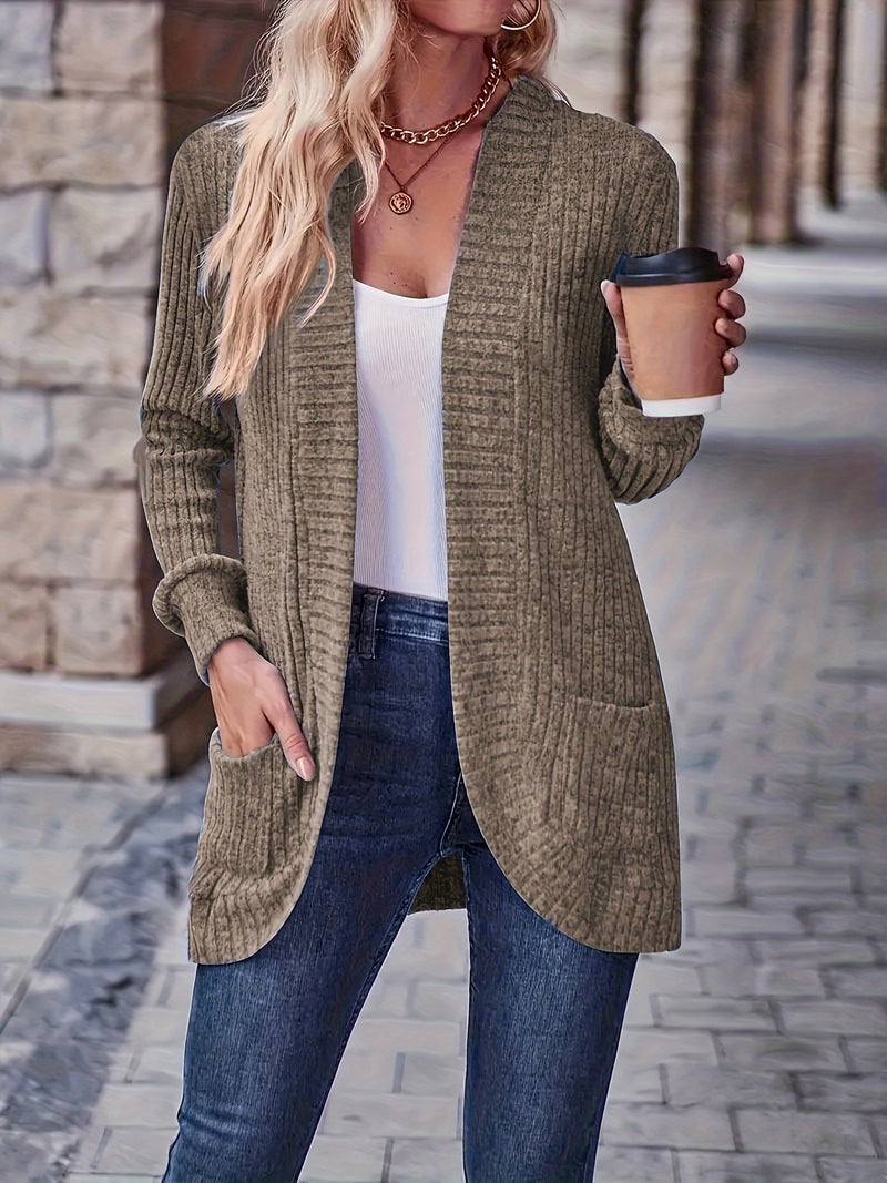 Long Sleeve Elegant Solid Color Open Front Cardigan with Pockets - Versatile, Mid-Elasticity, Machine Washable - Perfect for Spring and Fall, Womens Clothing