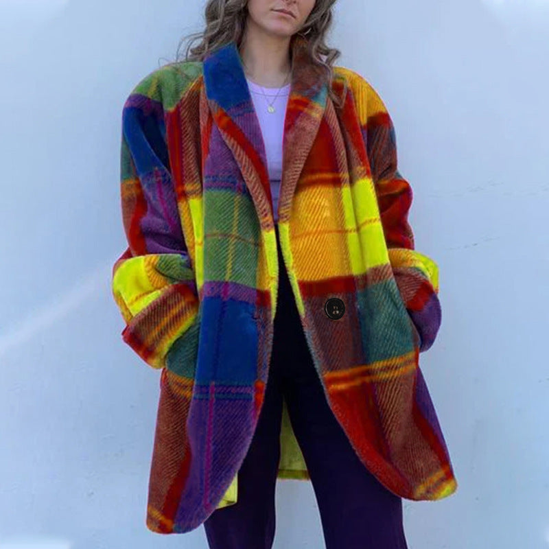 Rainbow Color Plaid Lapel Jacket With Pockets Fashion Button Coat For Women Clothing