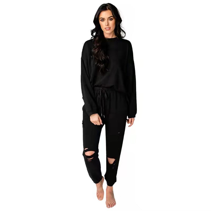 Women's Solid Color Ripped Round Neck Pullover Pants Casual Long Sleeve Sweatshirt Cotton Suit