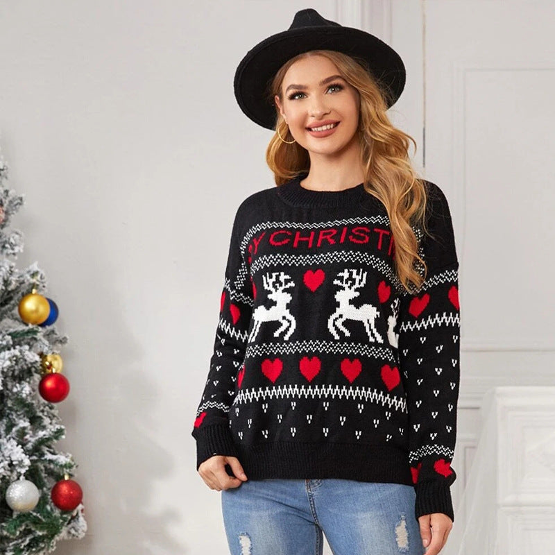 Pull mignon imprimé cœur d'élan pour femme, pull tricoté de noël, à la mode, hauts d'hiver