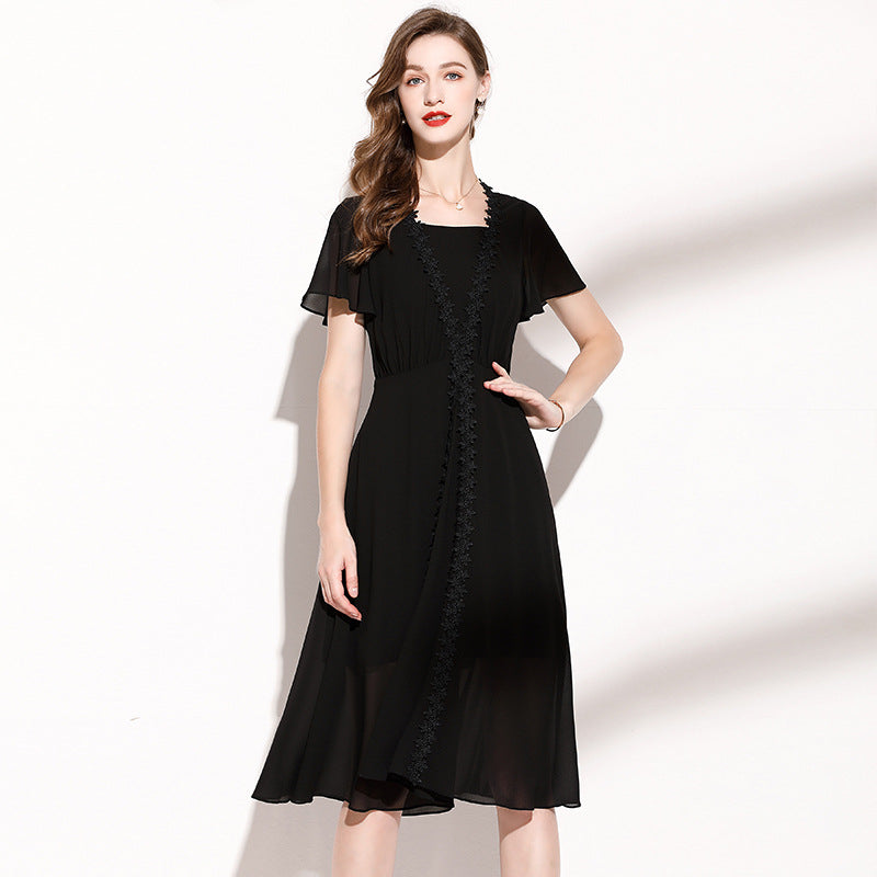 Medium Length Black Chiffon Dress For Women