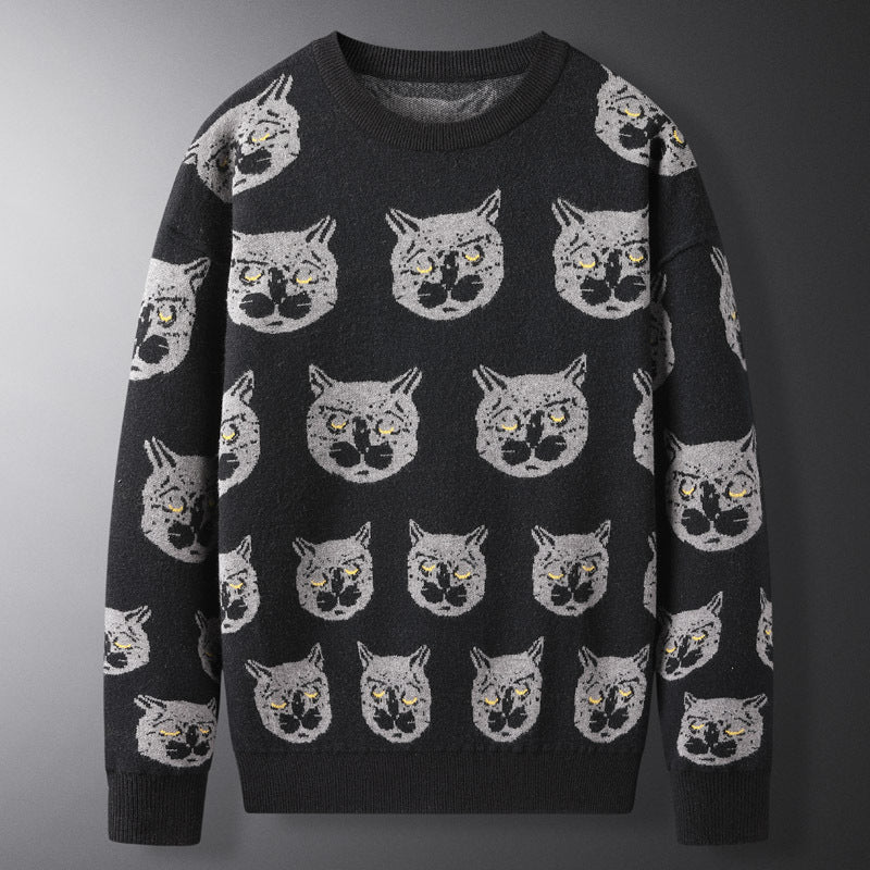 Men's Printed Sweater Fashionable Cat Autumn And Winter Personalized Casual Slim Sweater