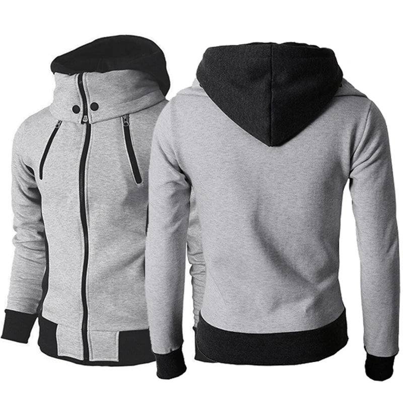 Men's Zip UP Hooded Jacket Fake Two Piece Sports Cardigan Casual Slim Sweatshirt Jacket