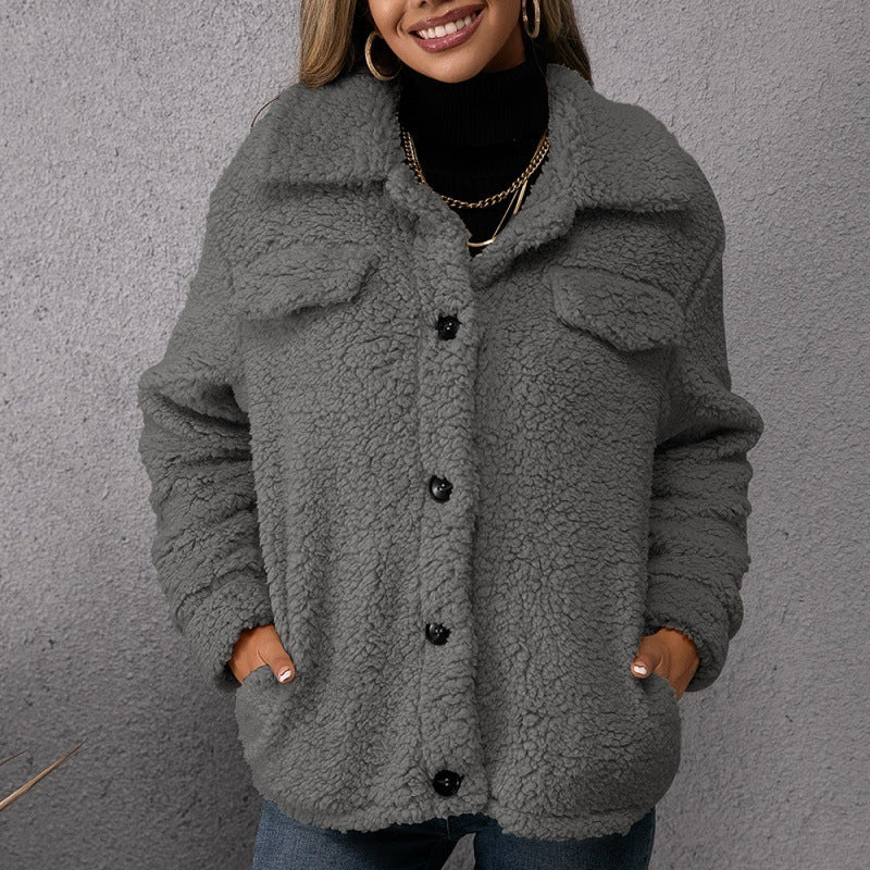 Lapel Single-breasted Fleece Coat Winter Warm Button Pocket Short Jacket Top Women Clothing