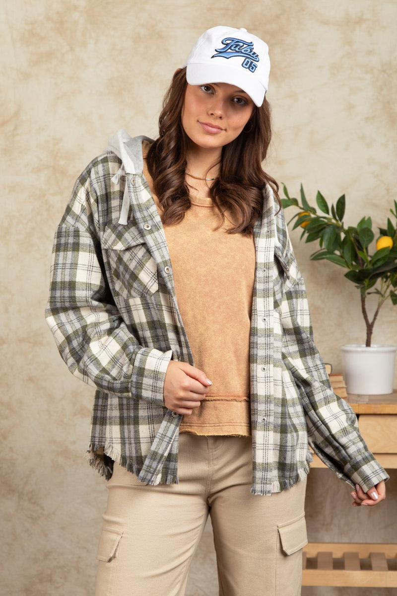 Women's Fashion Hooded Large Pocket Plaid Shirt Coat
