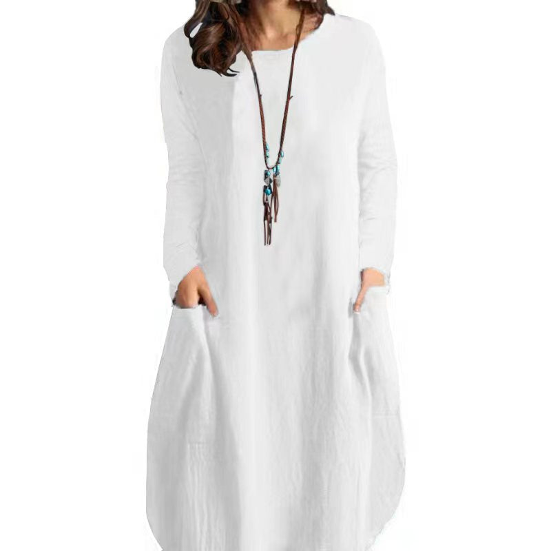 Robe ample décontractée en coton et lin pour femmes, couleur unie, manches longues, automne