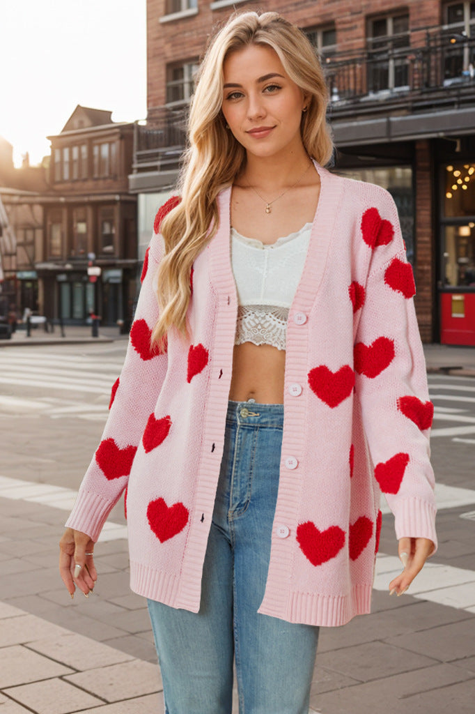 Heart Knitted Cardigan V-neck Buttons Mid-length Coat For Women