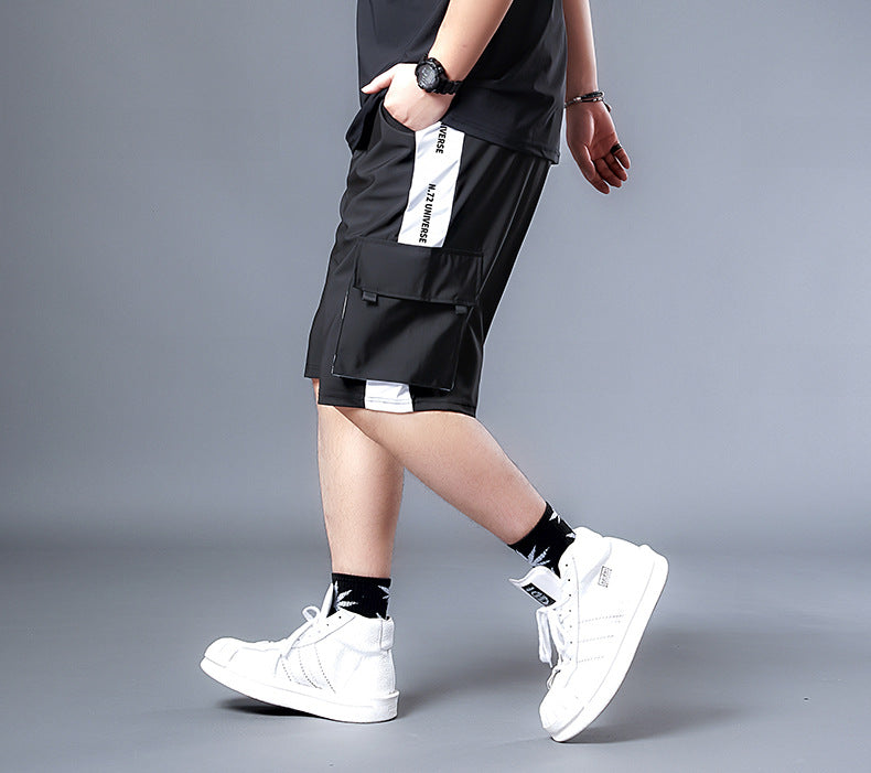 Black Small Print Hit White Ice Silk Cargo Shorts