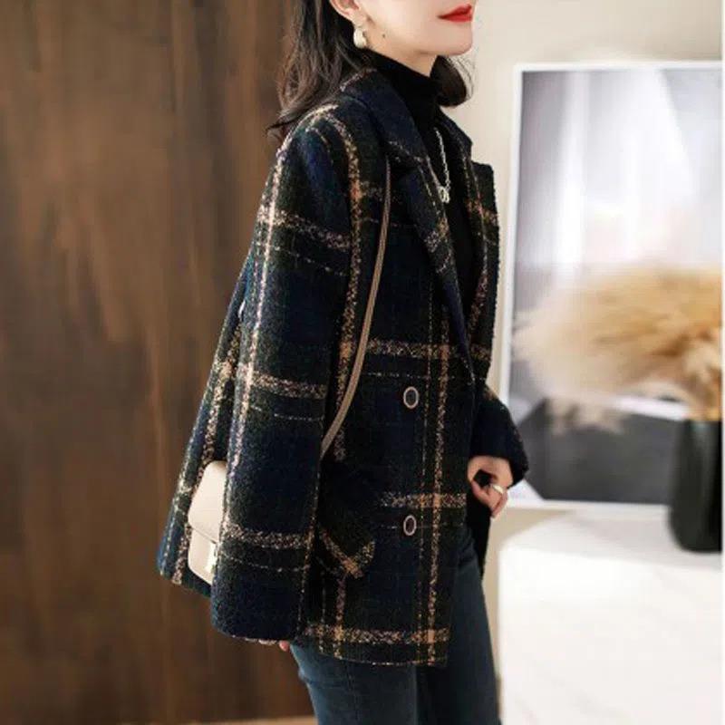 Coat Fashion Slimming Retro Plaid Patchwork Wool Female Suit