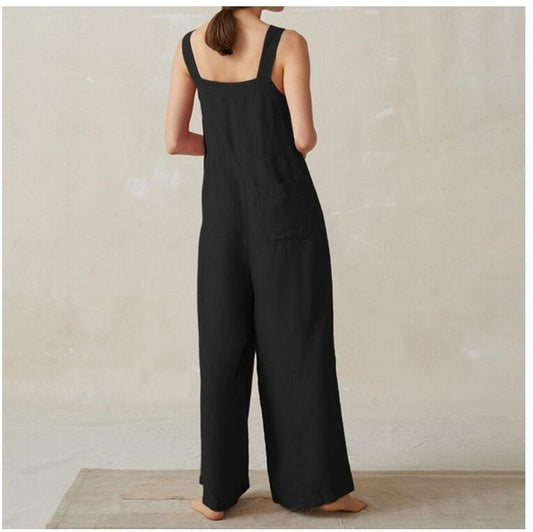 Wide Leg Jumpsuit Women Cotton And Linen Pocket Overalls