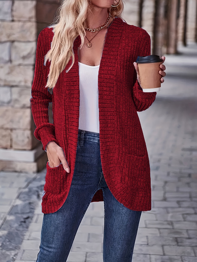 Long Sleeve Elegant Solid Color Open Front Cardigan with Pockets - Versatile, Mid-Elasticity, Machine Washable - Perfect for Spring and Fall, Womens Clothing