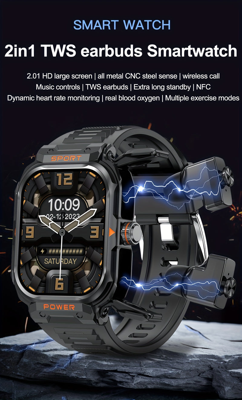 Full touch HD screen, metal alloy body, TWS sports earbuds + IP67 waterproof smart watch 2-in-1, 360 mAh battery for long-lasting usage, supports customizable watch faces, NFC unlocking