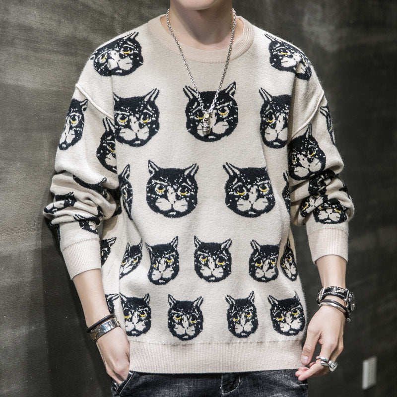 Men's Printed Sweater Fashionable Cat Autumn And Winter Personalized Casual Slim Sweater