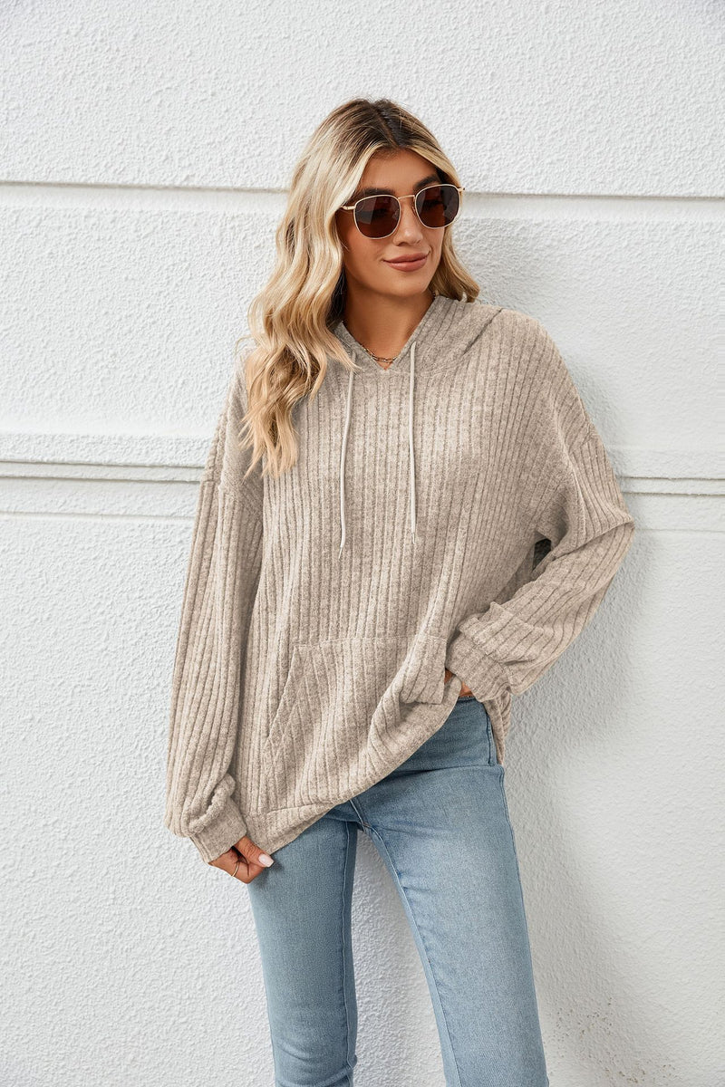Knitted Sweater With Hooded Pit Stripe Kangaroo Pocket Sweater