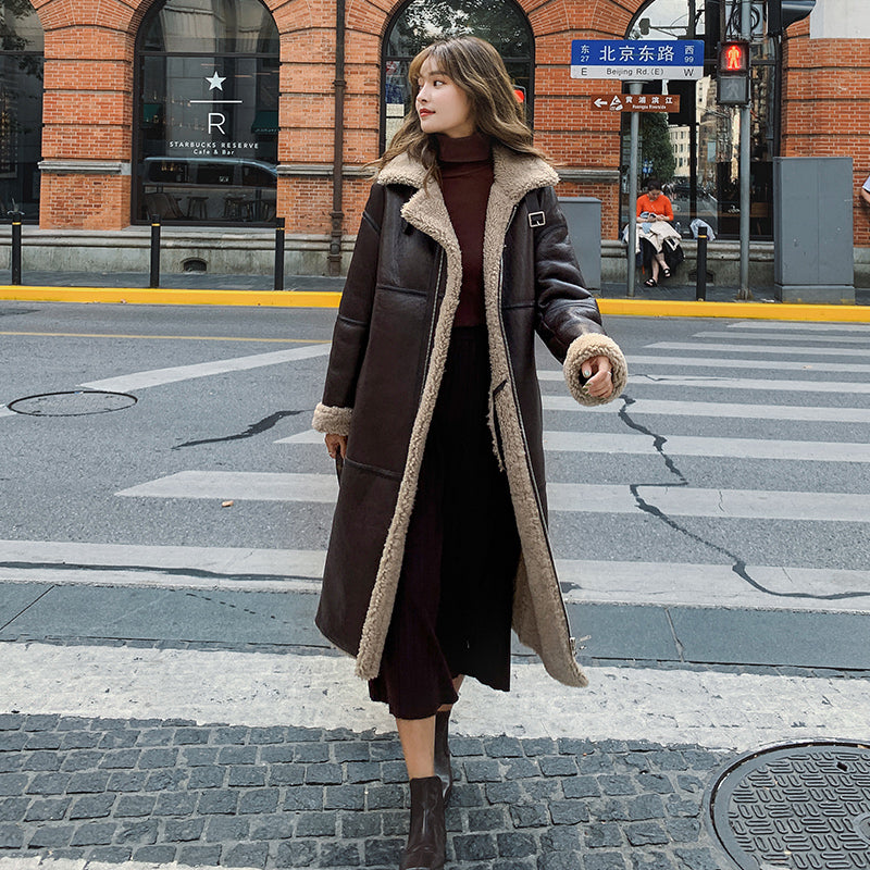 Lamb Wool Over-the-knee Mid-length Leather Coat