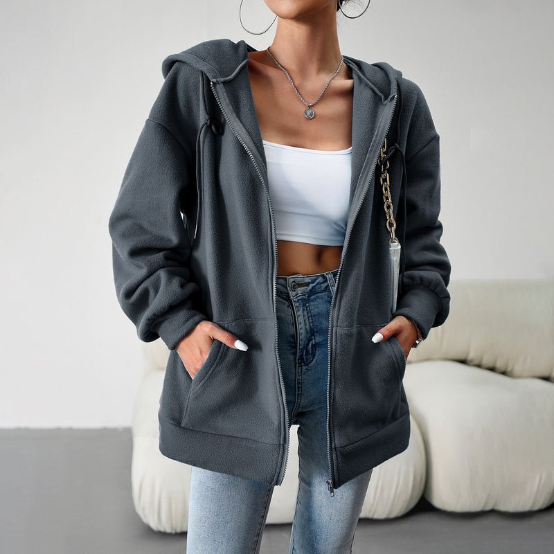 Casual Fashion Hooded Cardigan Jacket With Pockets Winter And Autumn Loose Sports Coat Women Solid Outwear Clothing