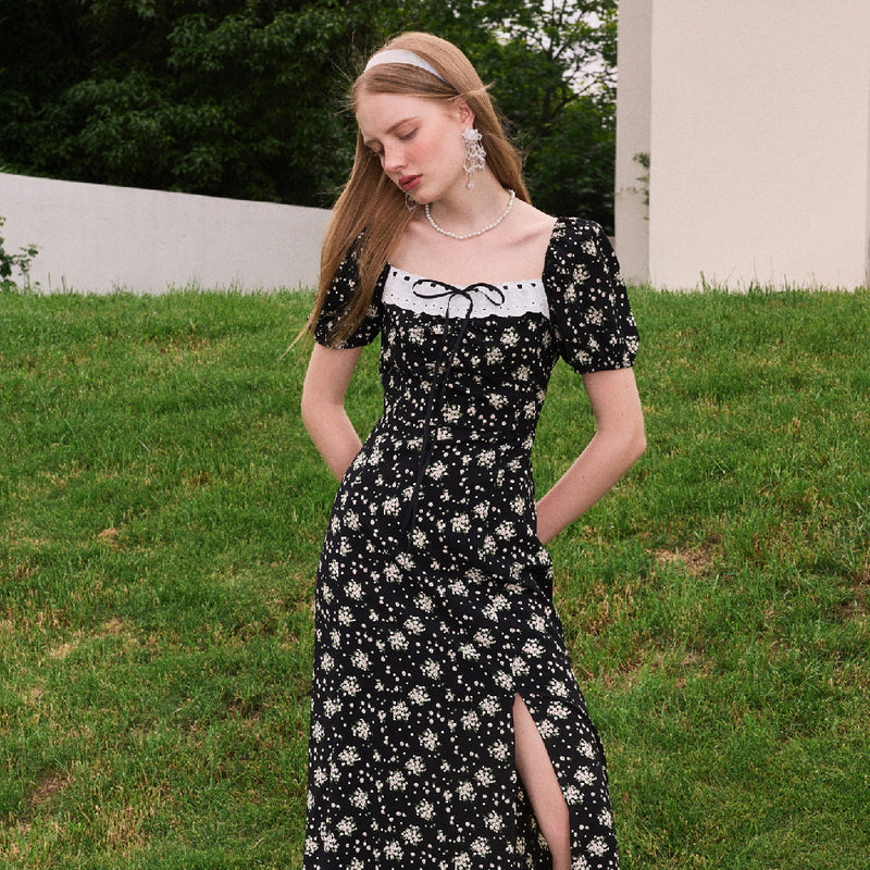 Black Floral Dress Summer French Slit