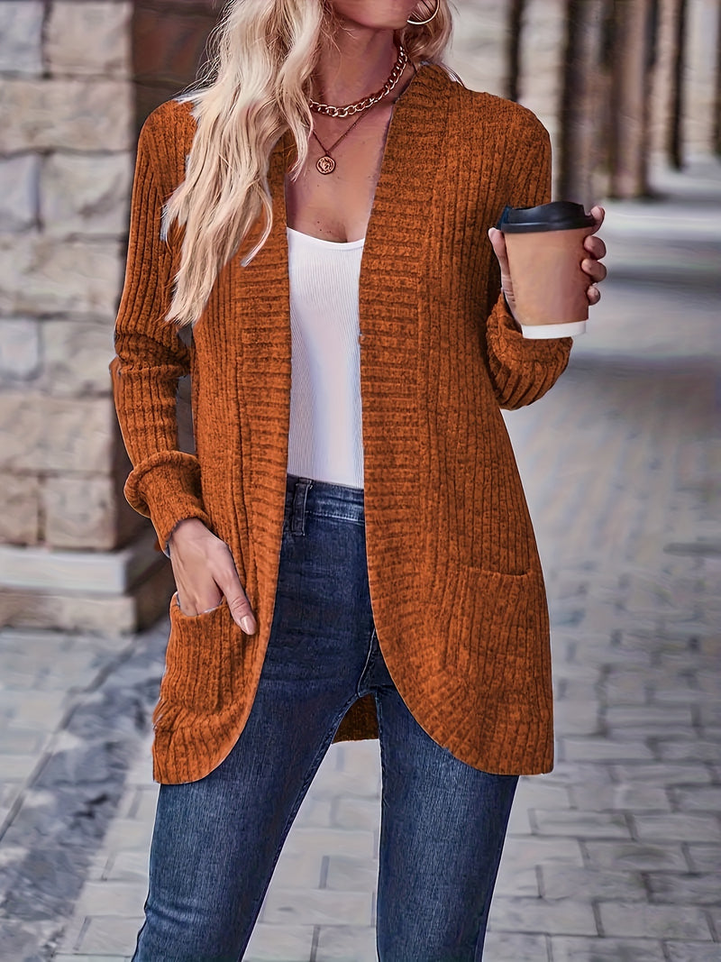 Long Sleeve Elegant Solid Color Open Front Cardigan with Pockets - Versatile, Mid-Elasticity, Machine Washable - Perfect for Spring and Fall, Womens Clothing