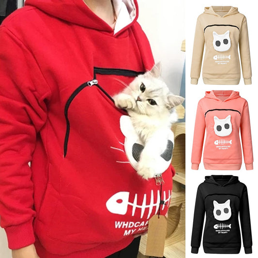 Sweat à capuche pour femmes, sweat-shirt avec poche pour animaux de compagnie, pull à manches longues, tenue pour chat