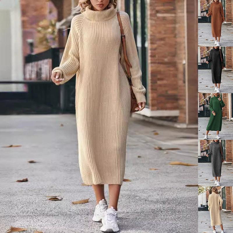 Winter Turtleneck Knitted Sweater Dress Fashion Solid Loose Pullover Long Dresses For Women Clothing