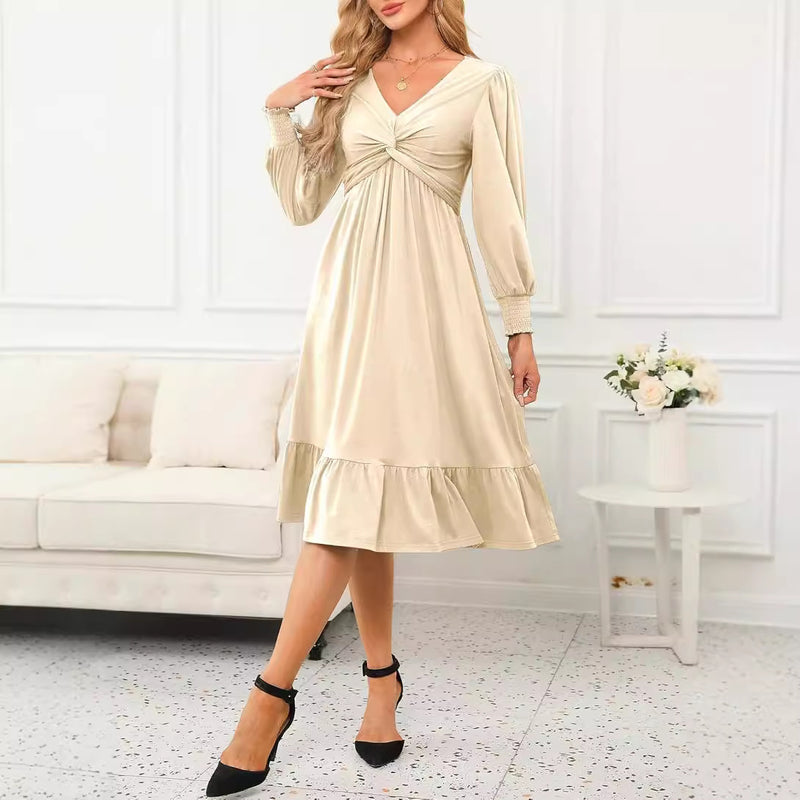 Wrap V-neck Long Sleeve Mid-length Dress