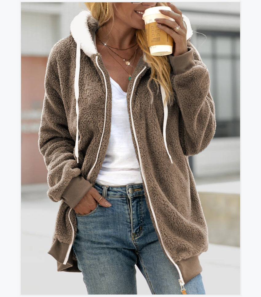 Women's Loose Plush Zipper Hooded Jacket