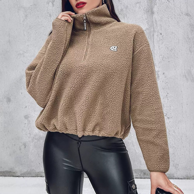 Lamb Fur Stand Collar Casual Long Sleeve Sweatshirt